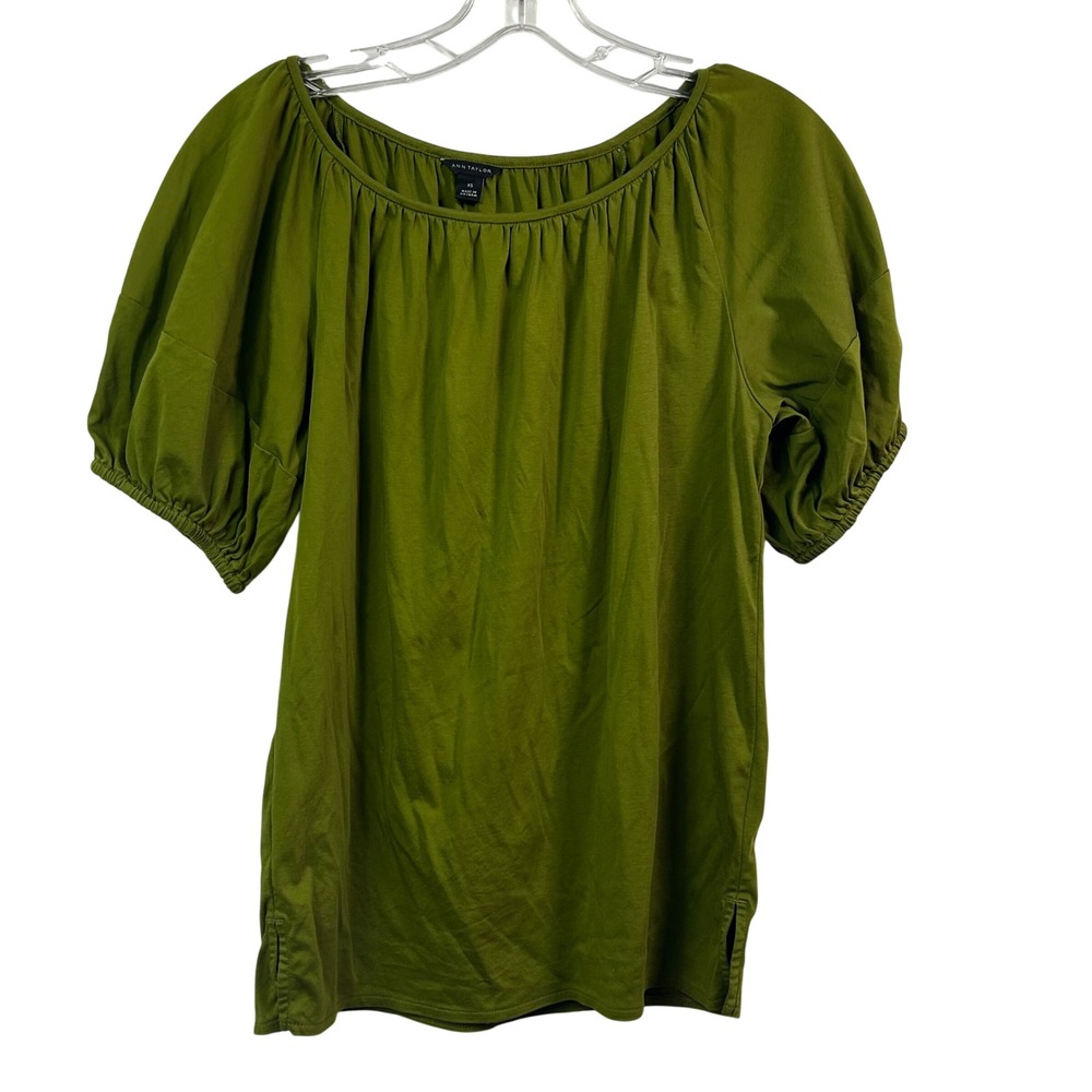 Ann Taylor Olive Green Pima Cotton Puff Sleeve Blouse XS Scoop Neck Top